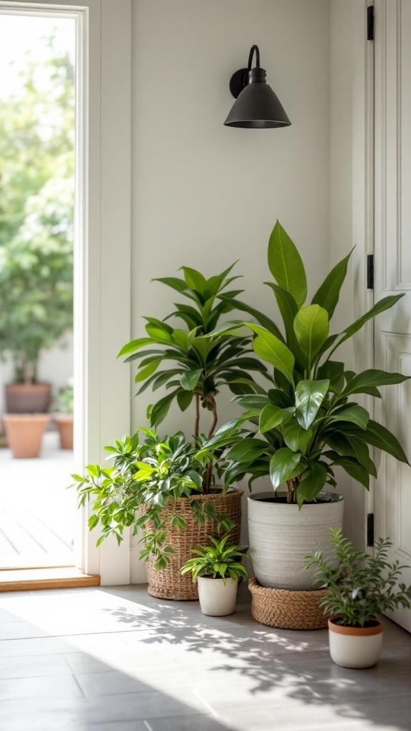 A bright farmhouse entryway with various potted plants in different sizes and styles.