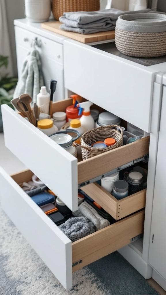 Image of pull-out drawers in a laundry cabinet filled with cleaning supplies and towels.