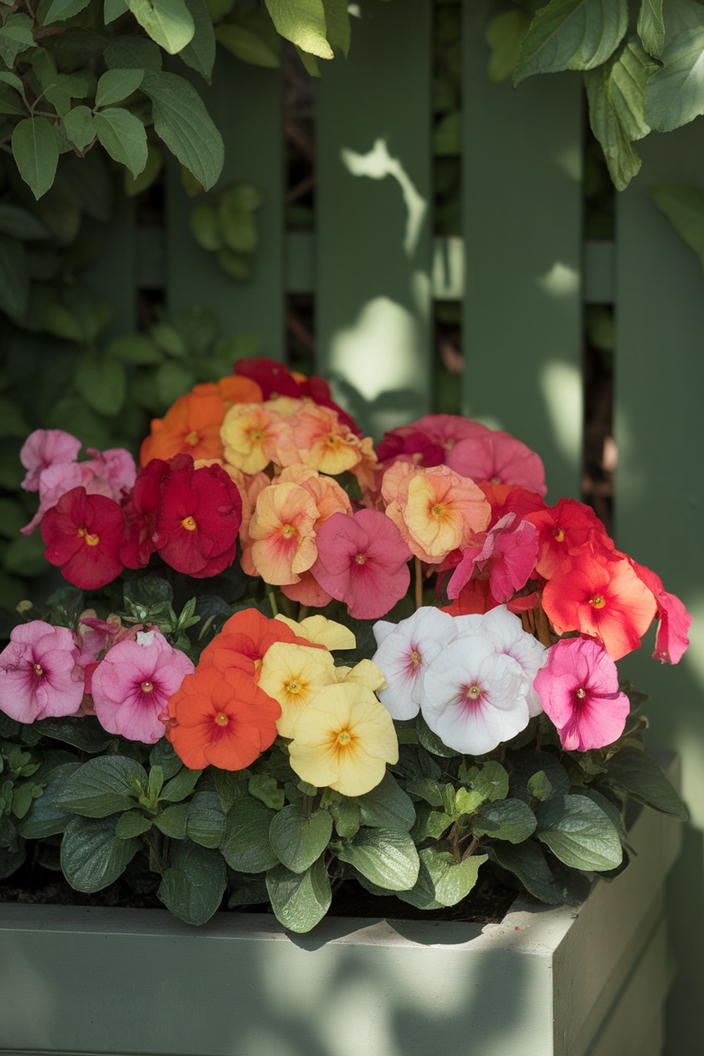 A vibrant display of impatiens flowers in shades of pink, red, orange, and yellow, set against a green background.