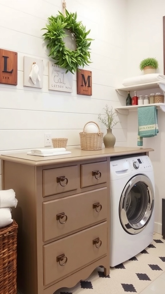 A repurposed dresser in a laundry room, featuring a sign and decorative items.