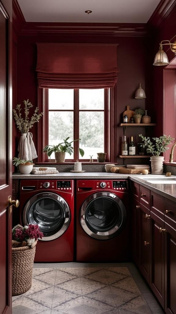 A stylish laundry room featuring rich burgundy walls, modern appliances, and decorative plants.