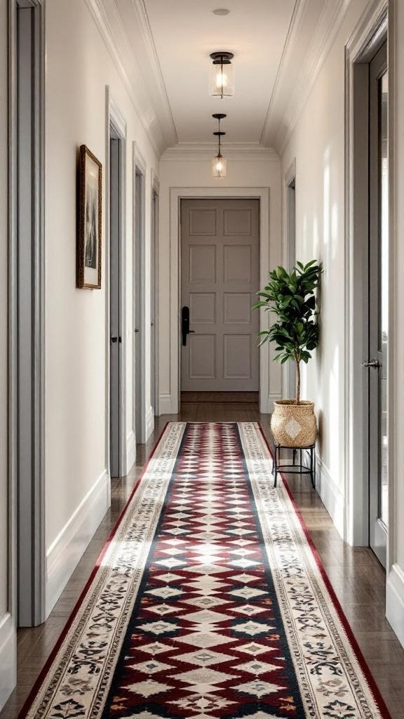 A narrow hallway featuring a long patterned rug, neutral walls, and a potted plant.