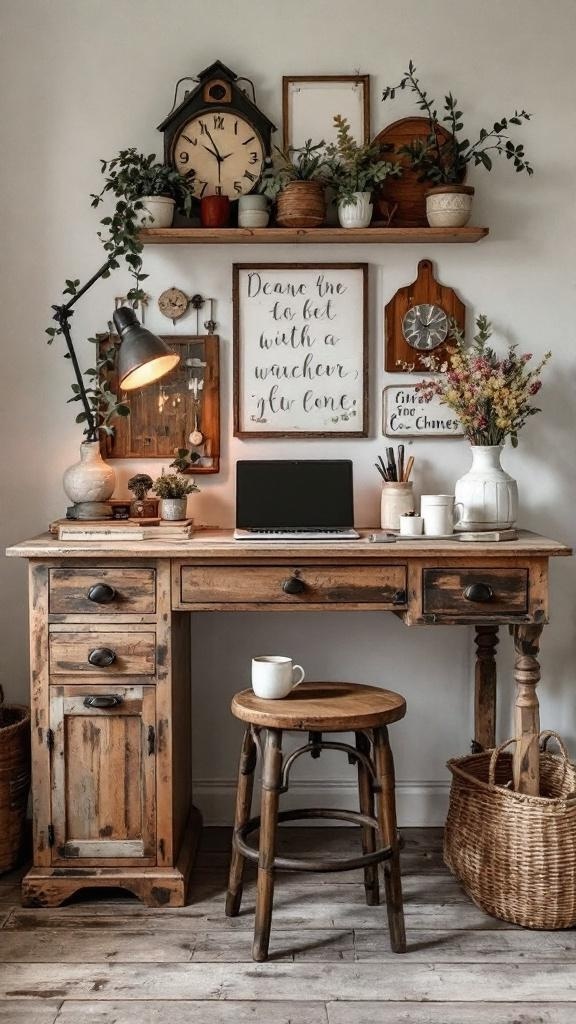 A rustic farmhouse vanity with wooden design, modern basin, and decorative items.