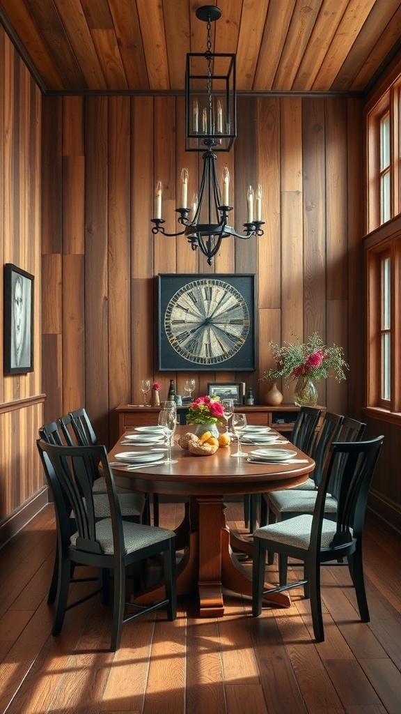 A cozy dining room with rustic wood paneling, a round table, wooden chairs, and a vase of flowers.