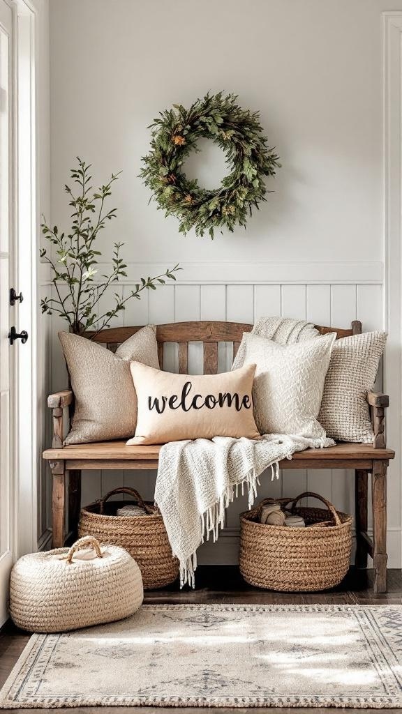 Rustic wooden bench with pillows and a throw in a farmhouse entryway