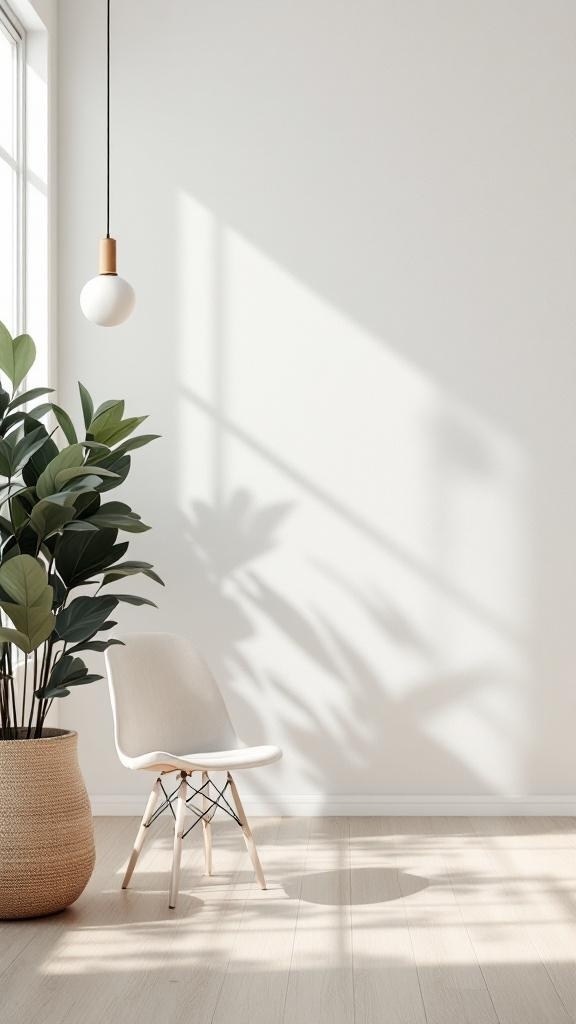 A minimalist home office with a white wall, a simple chair, a hanging light, and a large plant in a woven pot.