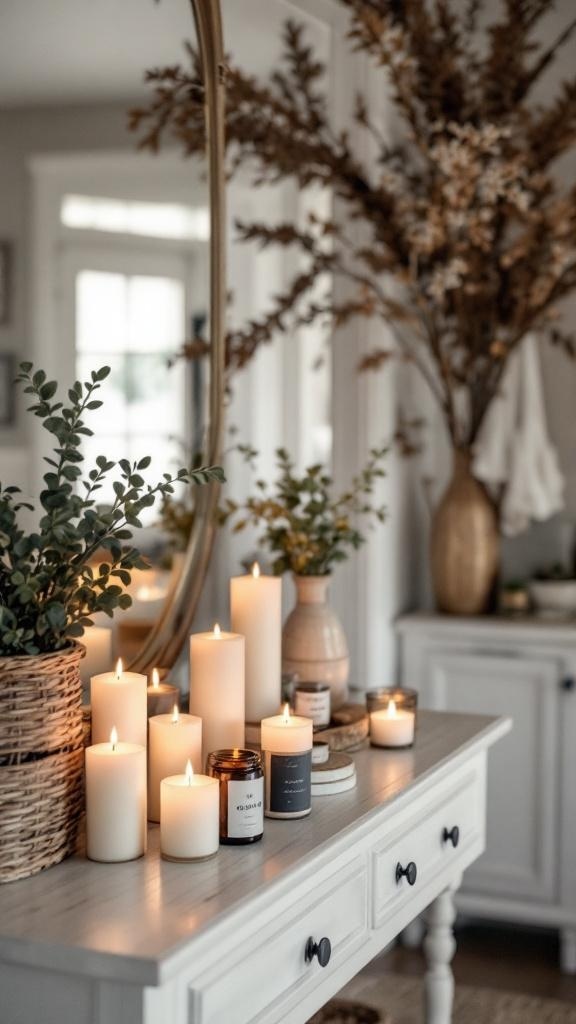 A cozy farmhouse entryway with a console table displaying various scented candles and greenery.