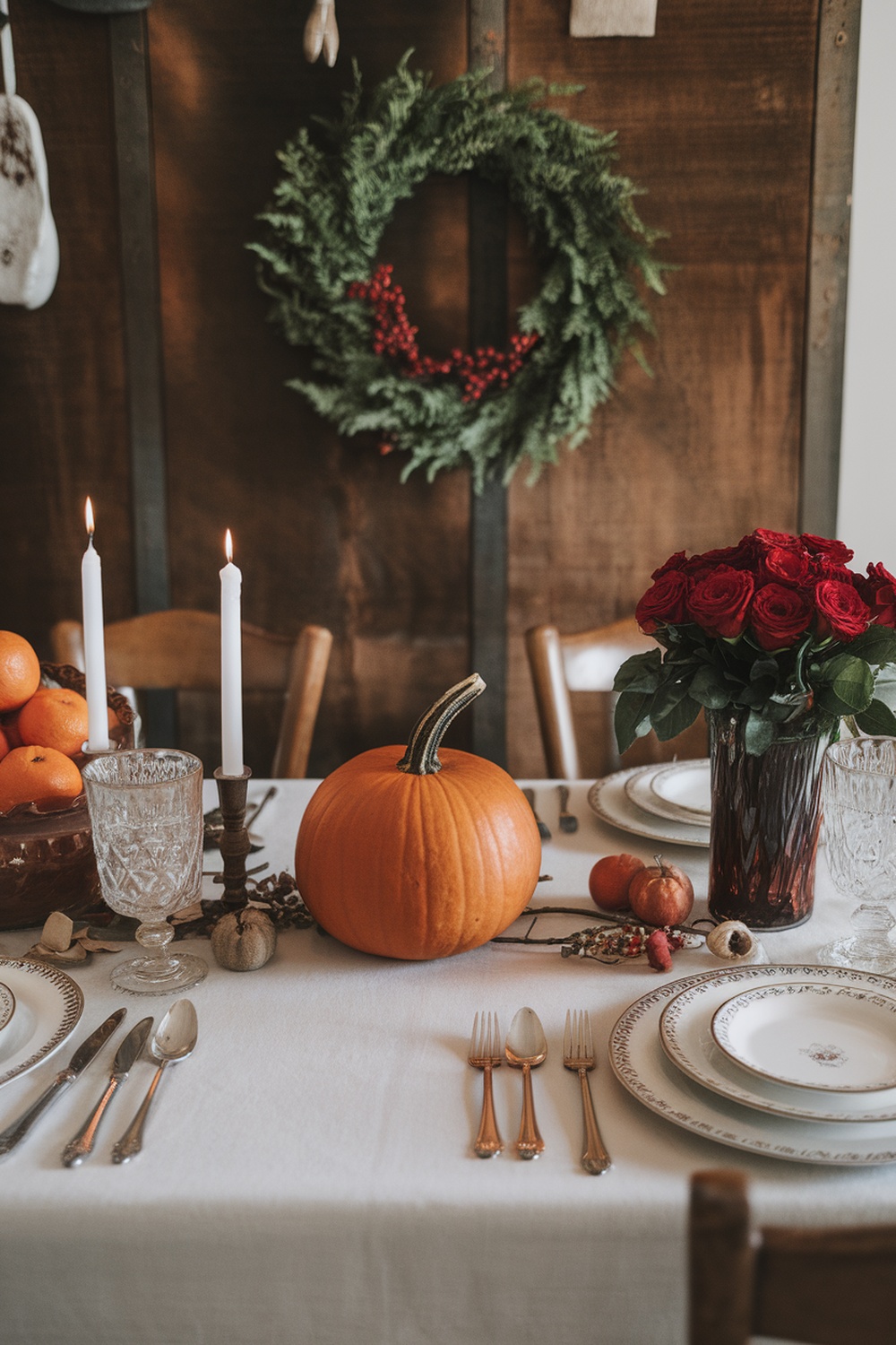 A beautifully set dining table with a pumpkin centerpiece, red roses, and a green wreath on the wall.