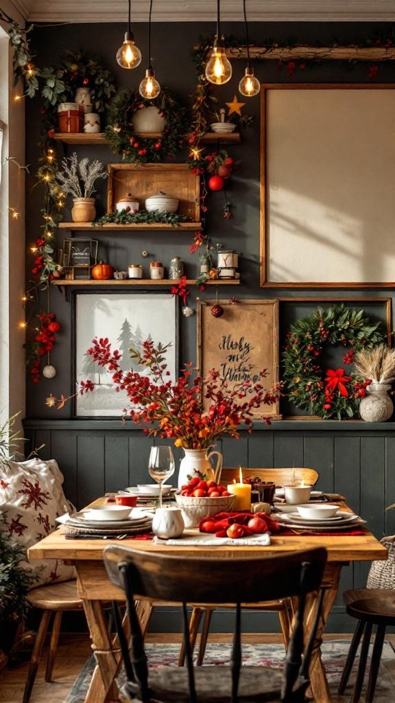 A cozy dining room decorated for the season, featuring dark walls, festive greenery, and a warm table setting.