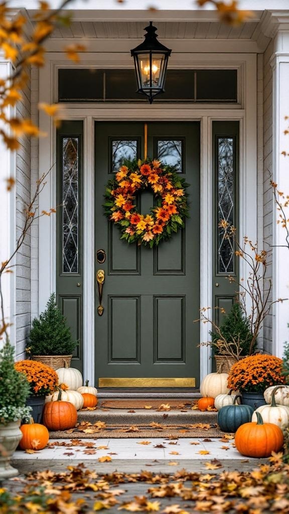 Stylish apartment entryway with autumn decor, featuring a sunflower wreath, pumpkins, and potted plants.