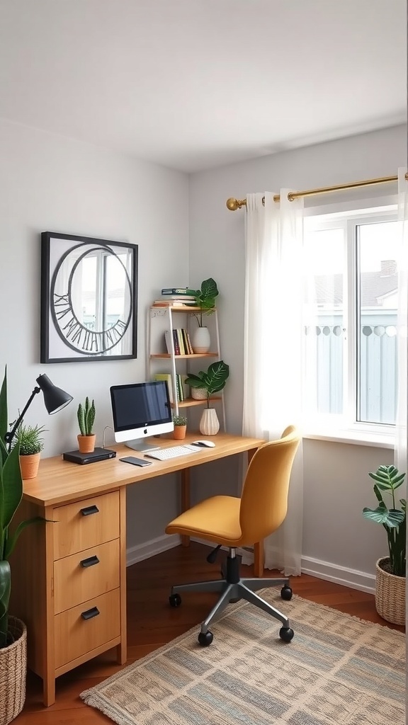 A bright and organized home office with a desk, computer, and plants, ideal for Zoom meetings.