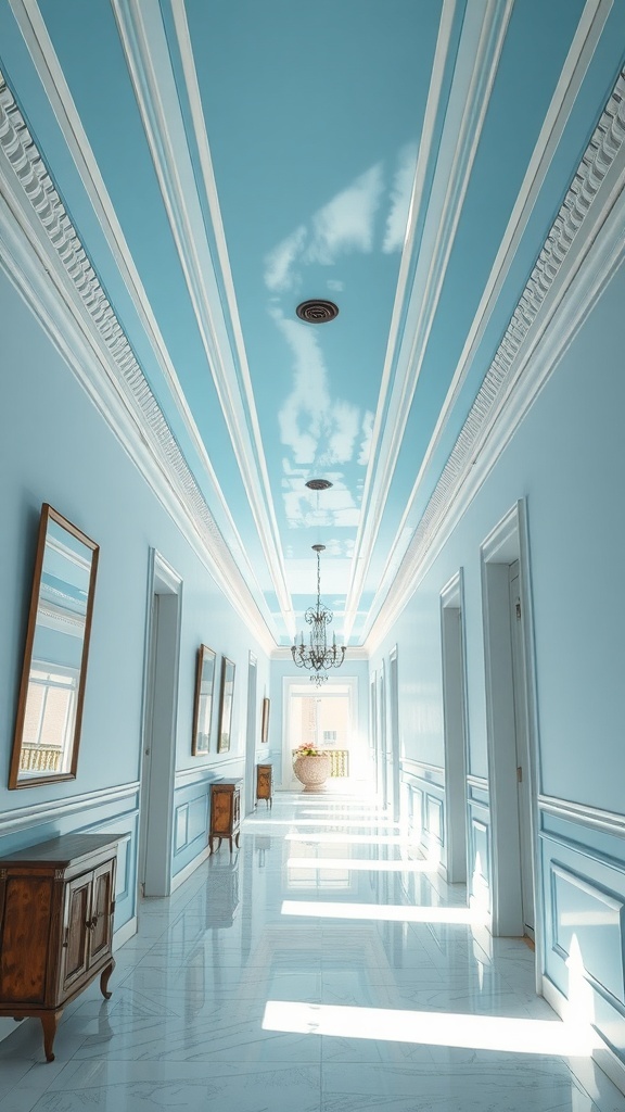 A hallway with a sky blue ceiling and bright blue walls, creating an open and airy atmosphere.