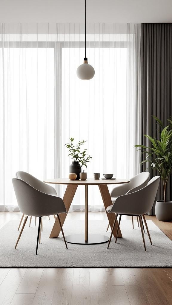 A minimalist dining room featuring a round wooden table, comfortable chairs, and a potted plant, with soft light filtering through sheer curtains.