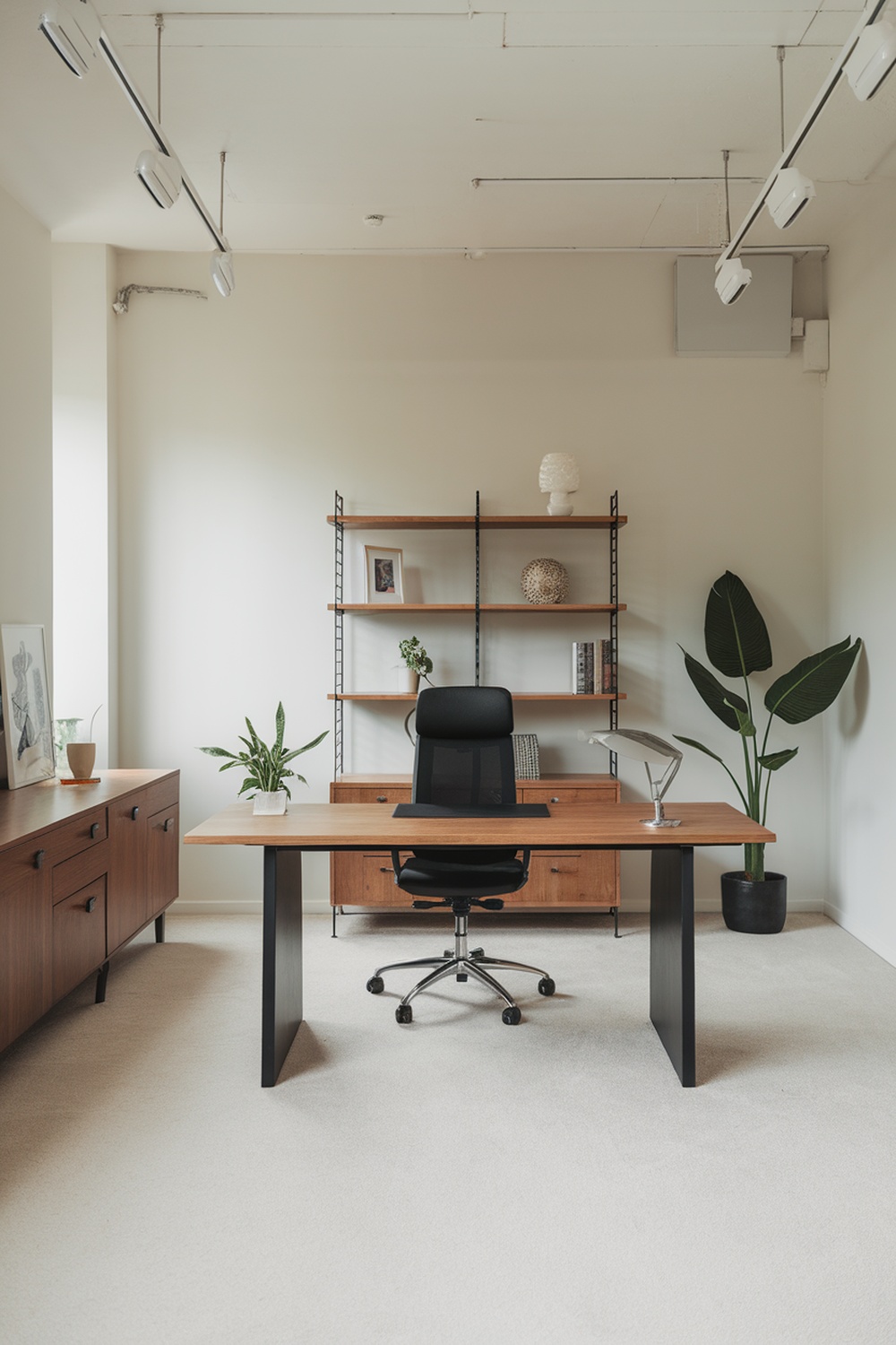 A minimalist home office featuring smart lighting solutions with track lights and a clean desk setup.