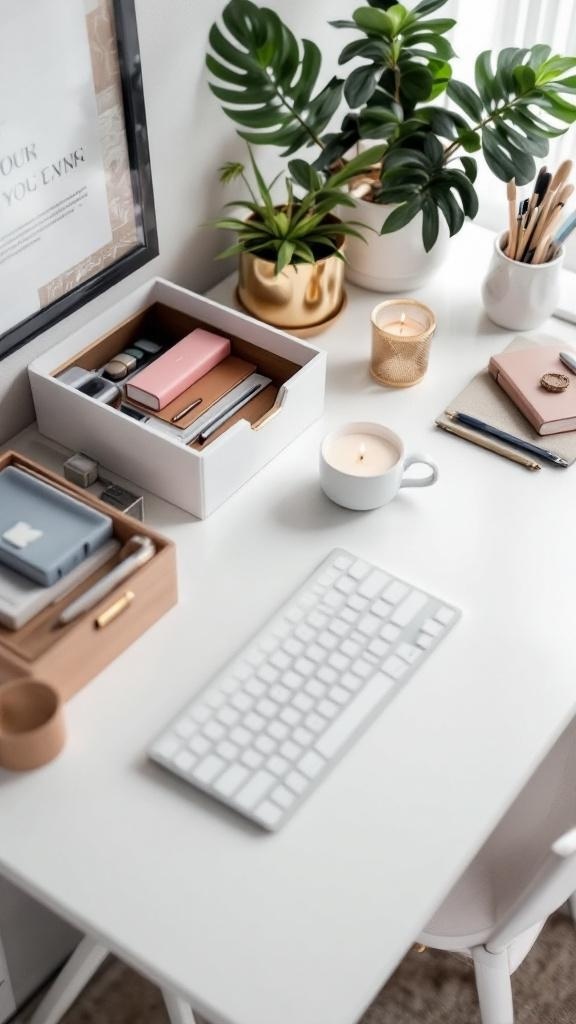 A clean and organized Japandi home office desk with storage solutions and plants.
