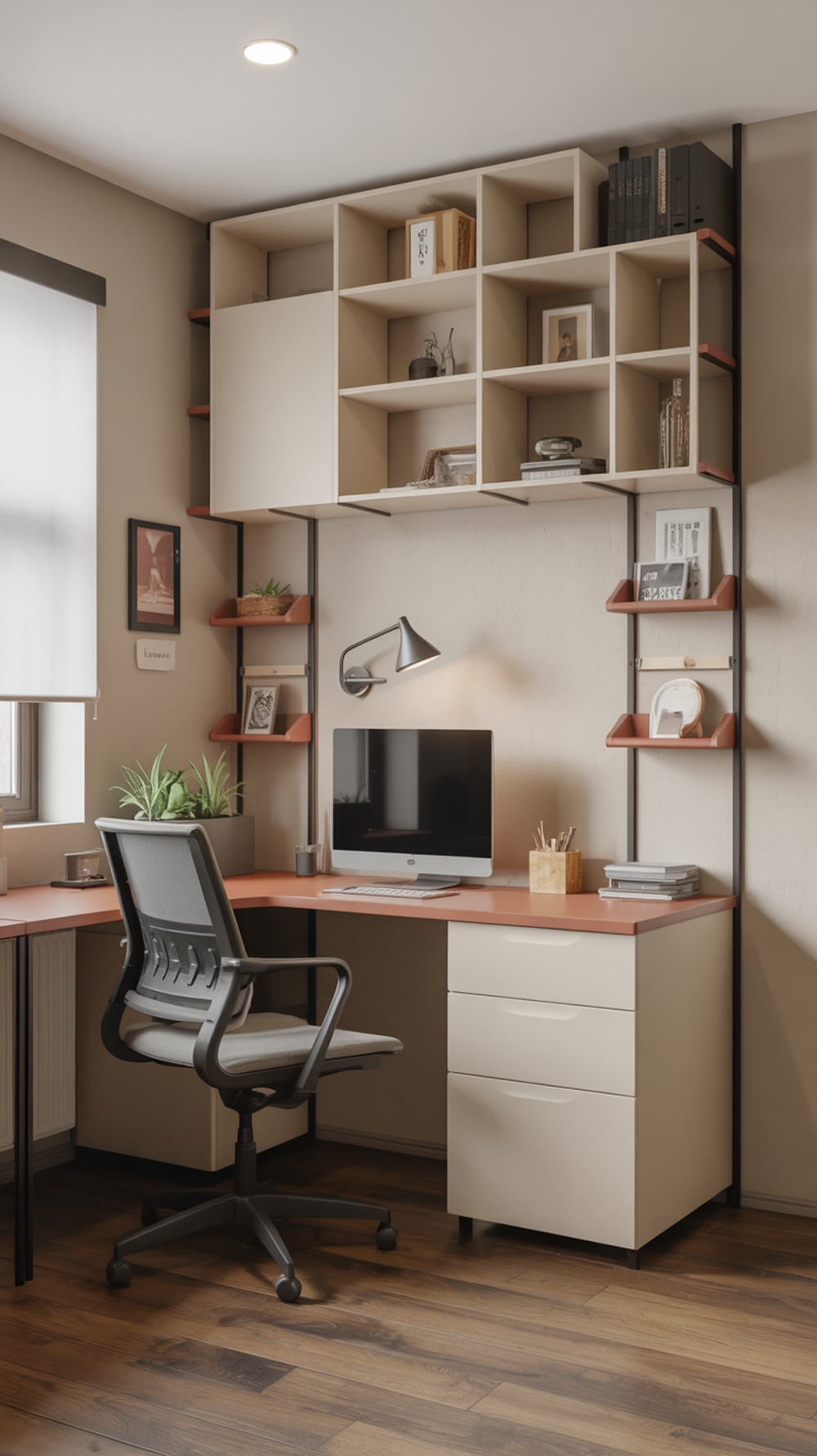 A modern small home office with a wall-mounted shelf, desk, and plants, showcasing smart storage solutions.