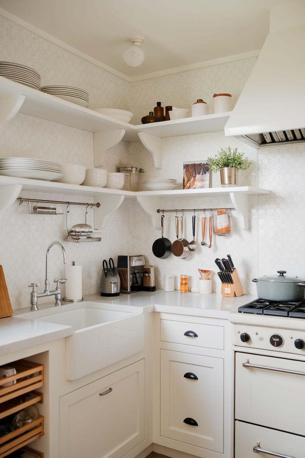 A stylish white kitchen featuring open shelving with dishware, a hanging rod for utensils, and wooden drawers for storage.