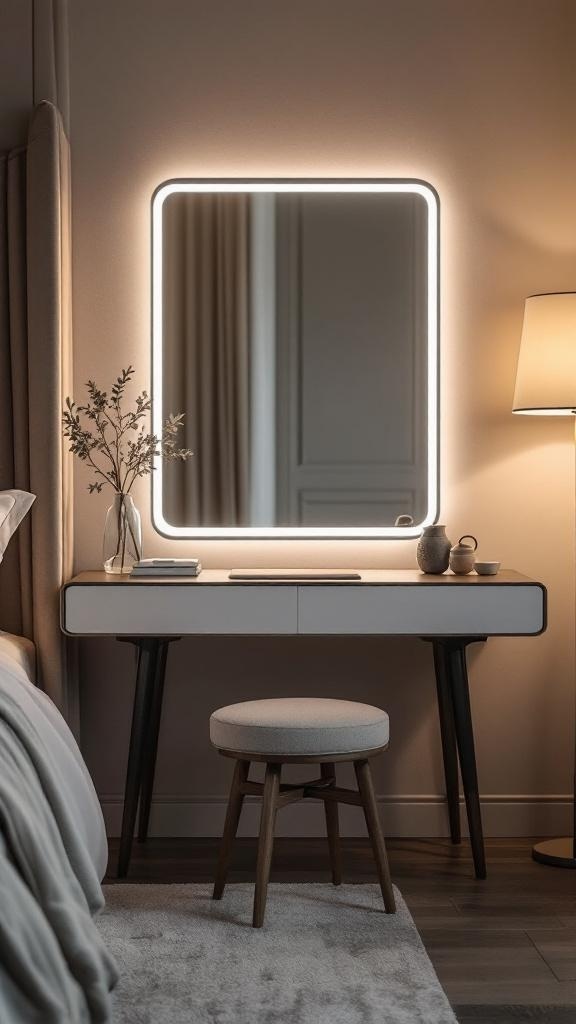 A modern bathroom vanity with a high-tech mirror displaying time and weather, surrounded by a marble countertop.