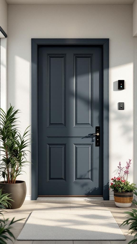 Stylish apartment entryway featuring a dark door, smart doorbell, and potted plants.