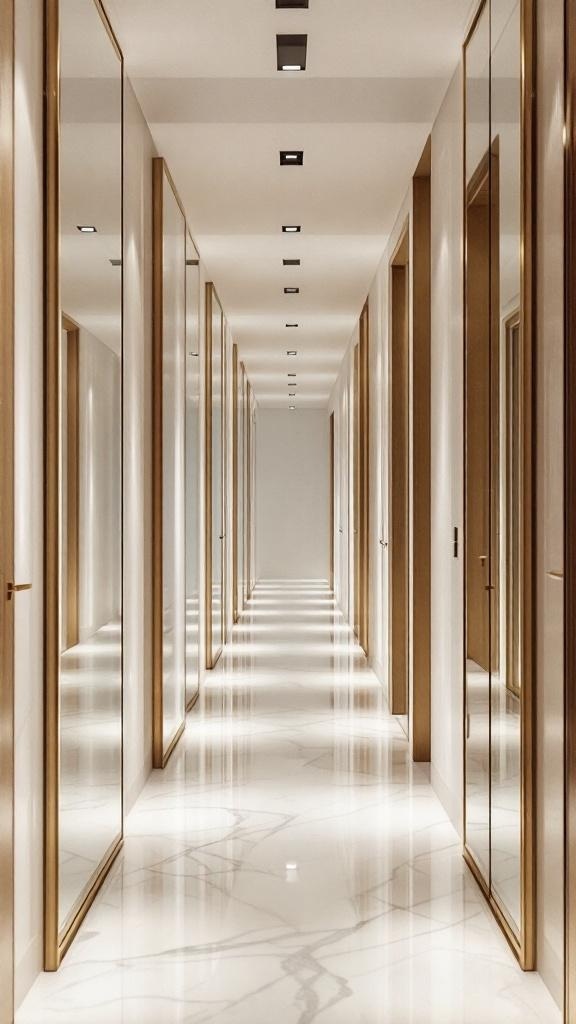 A narrow hallway with mirrors reflecting light and creating an illusion of space.