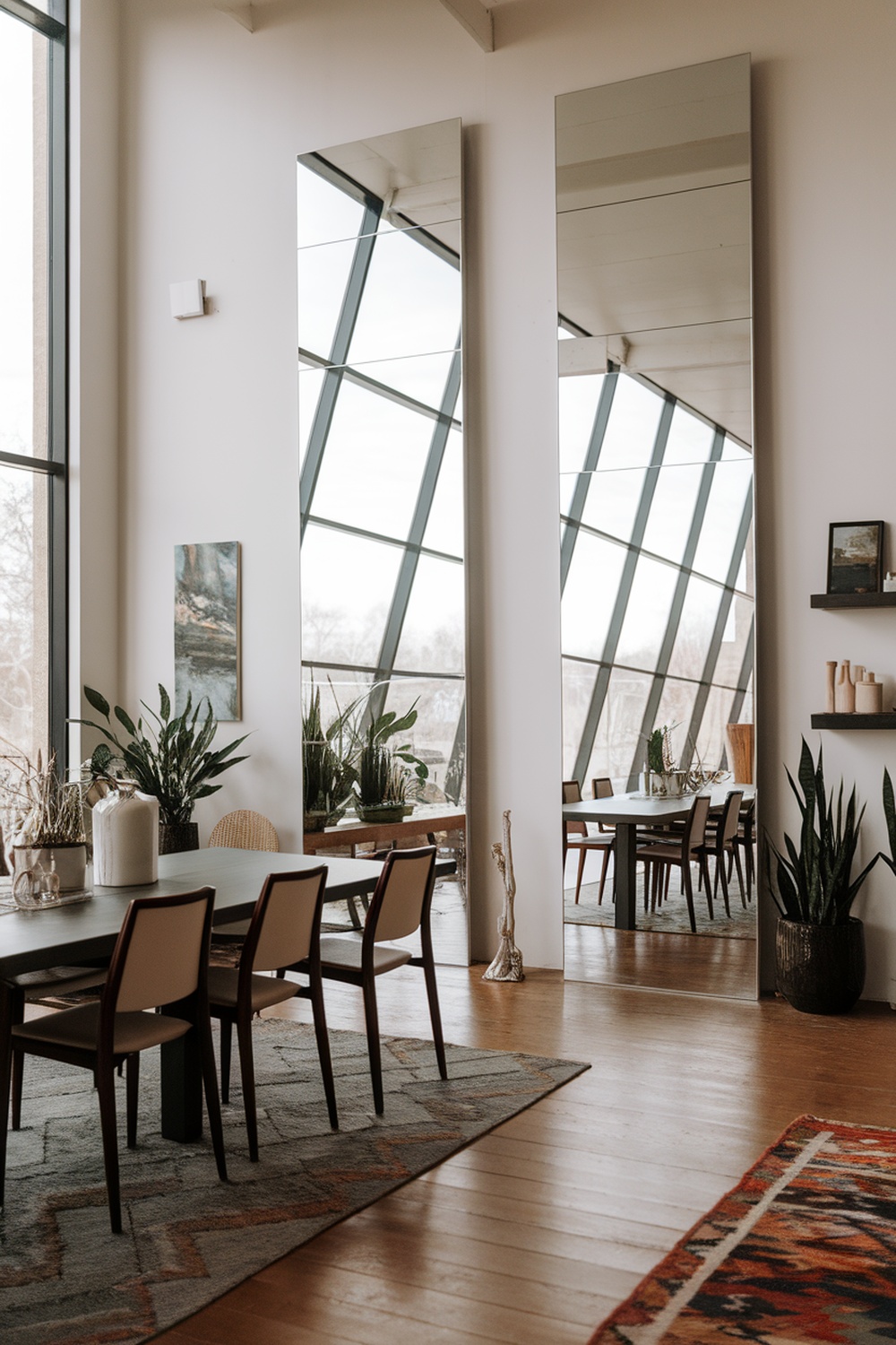 A modern dining room featuring large mirrors that reflect light and greenery, enhancing the space.