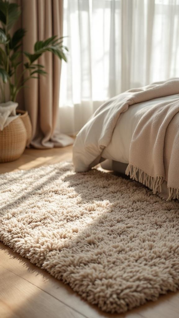 A cozy bedroom featuring a soft area rug, light wood flooring, and soft bedding.
