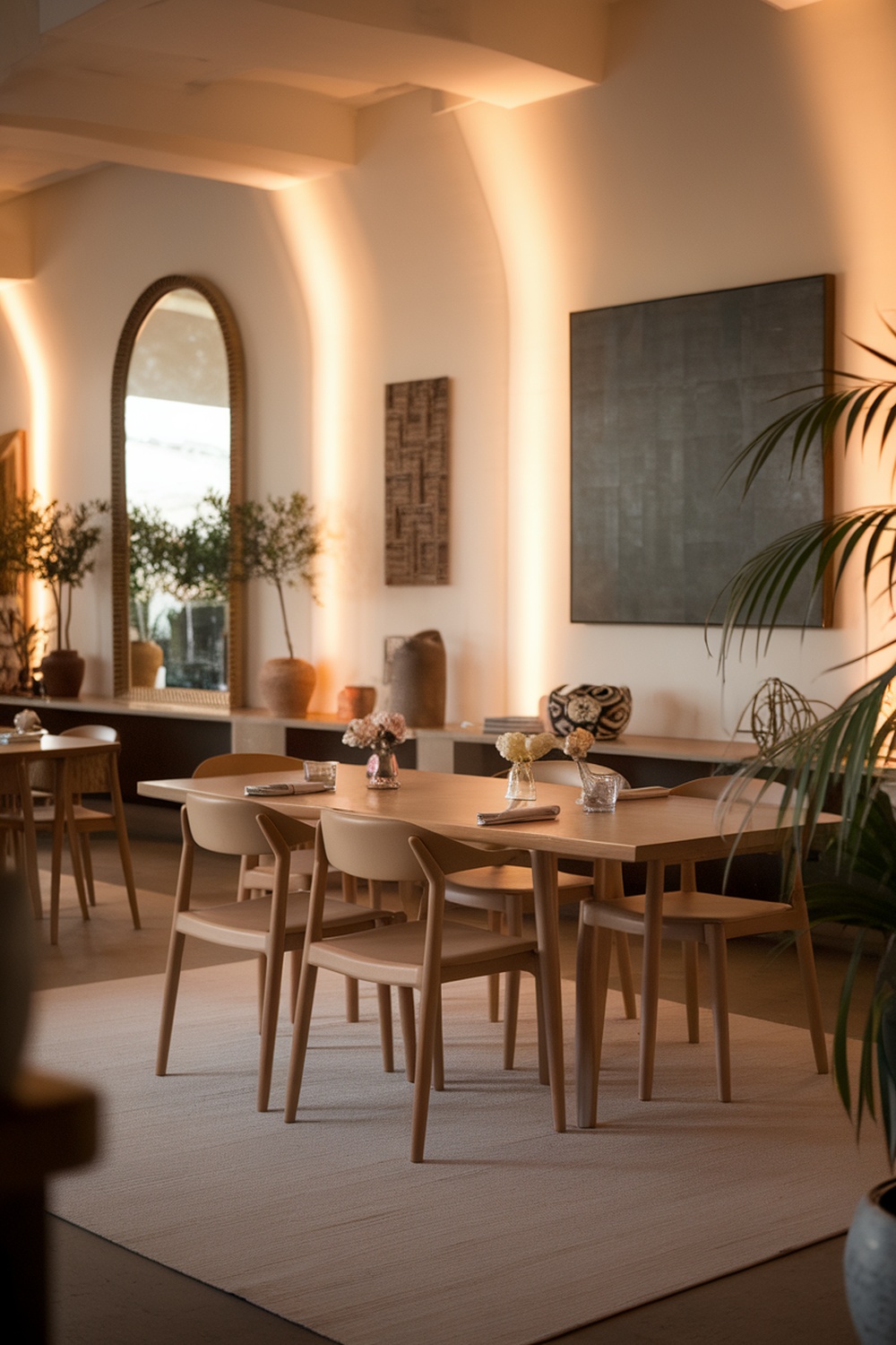 A cozy dining room with soft lighting, wooden furniture, and decorative plants.