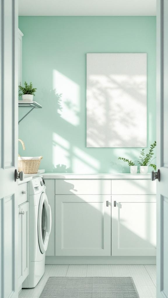 Laundry room painted in soft seafoam green with white cabinetry and plants
