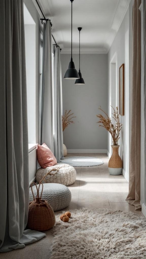 A stylish grey hallway featuring soft curtains, a fluffy rug, poufs, and a vase of dried flowers.