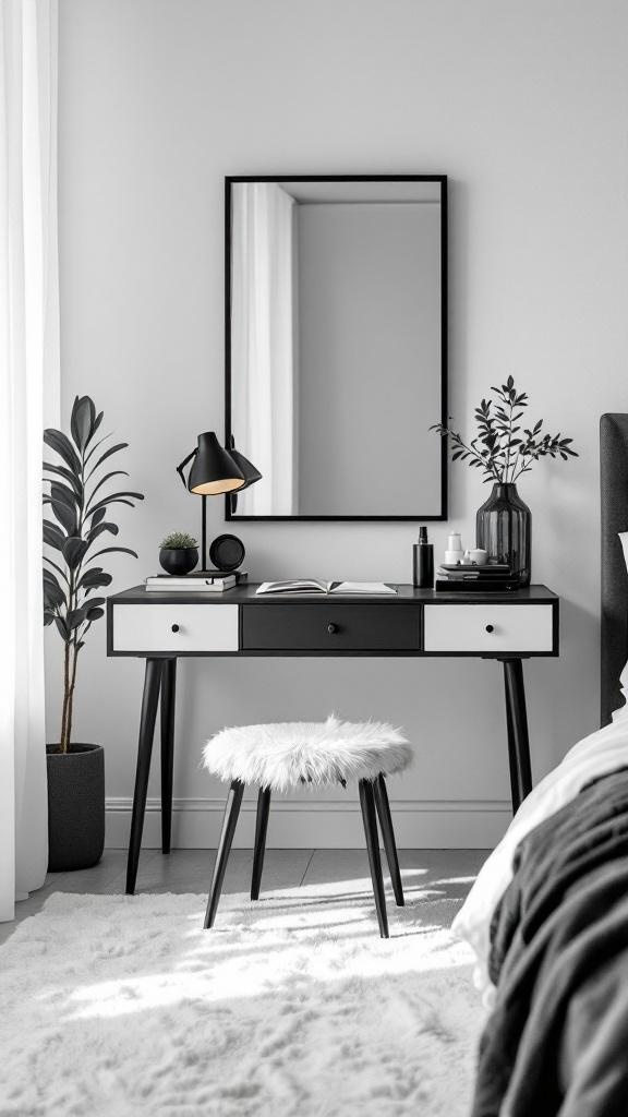 A stylish black and white vanity setup with a mirror, lamp, and plants in a cozy bedroom.