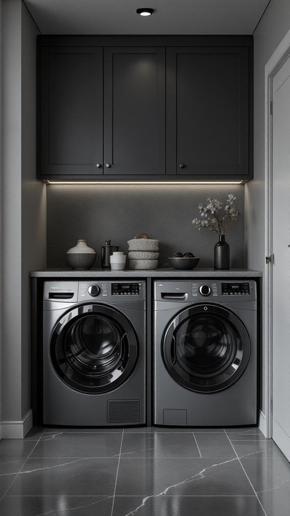 A modern laundry room featuring charcoal cabinets and appliances, with a sleek design.