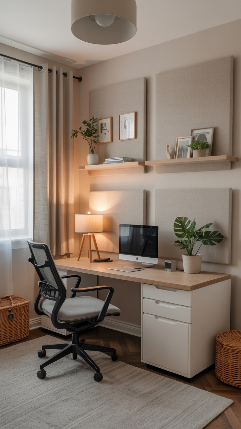 A cozy home office with soundproofing elements like wall panels and thick curtains.