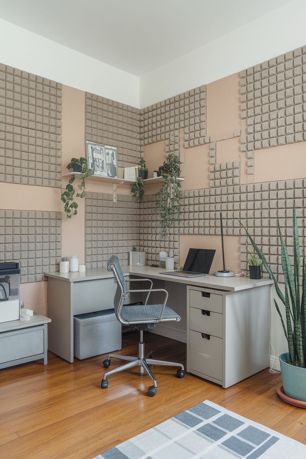 A minimalist home office featuring soundproofing panels on the walls, a sleek desk, and plants for a calming atmosphere.