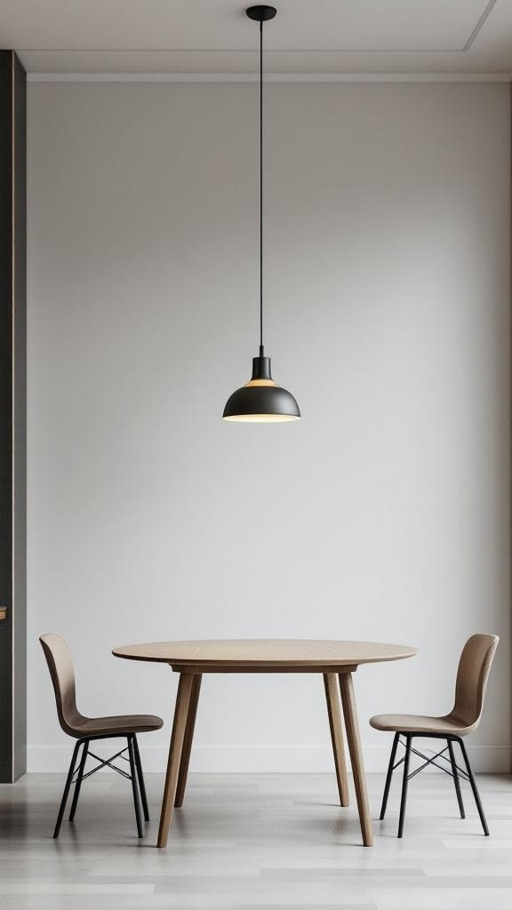 Minimalist dining room with a wooden table and black pendant light