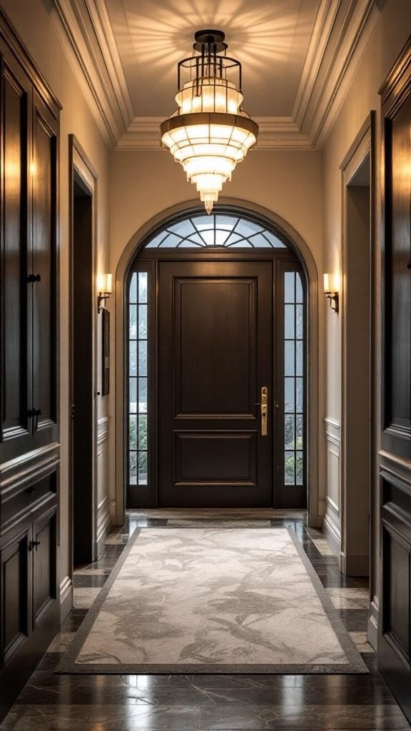 Stylish apartment entryway with a statement chandelier and wall sconces.