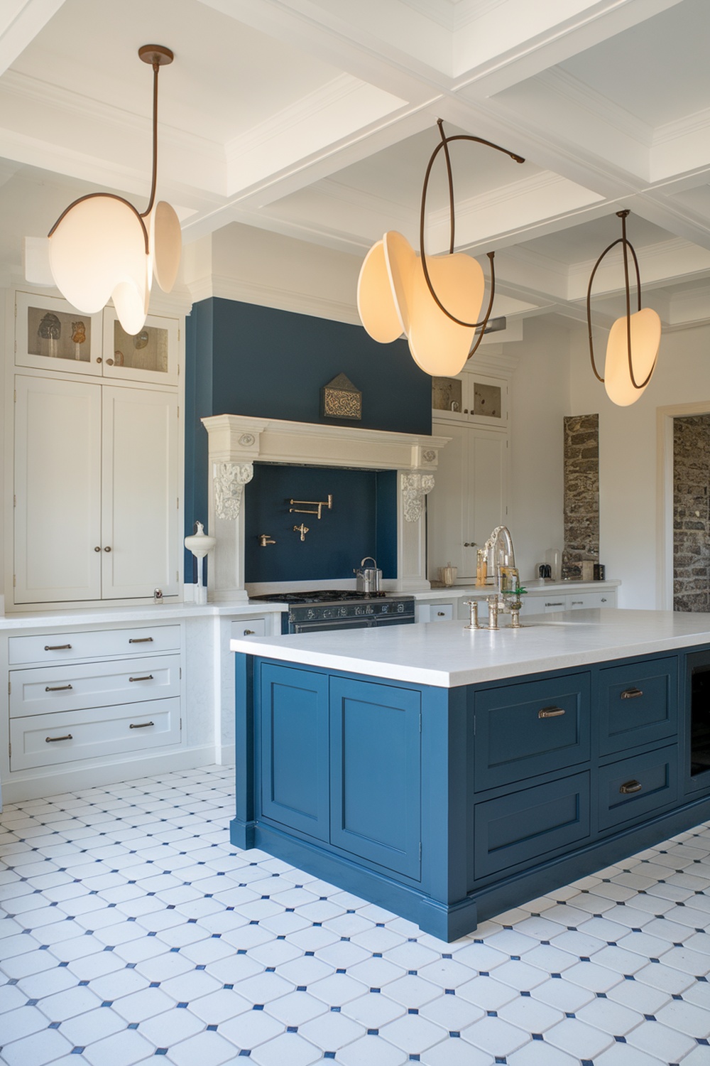 A modern kitchen featuring unique pendant lights above a blue kitchen island, with white cabinetry and a stylish design.