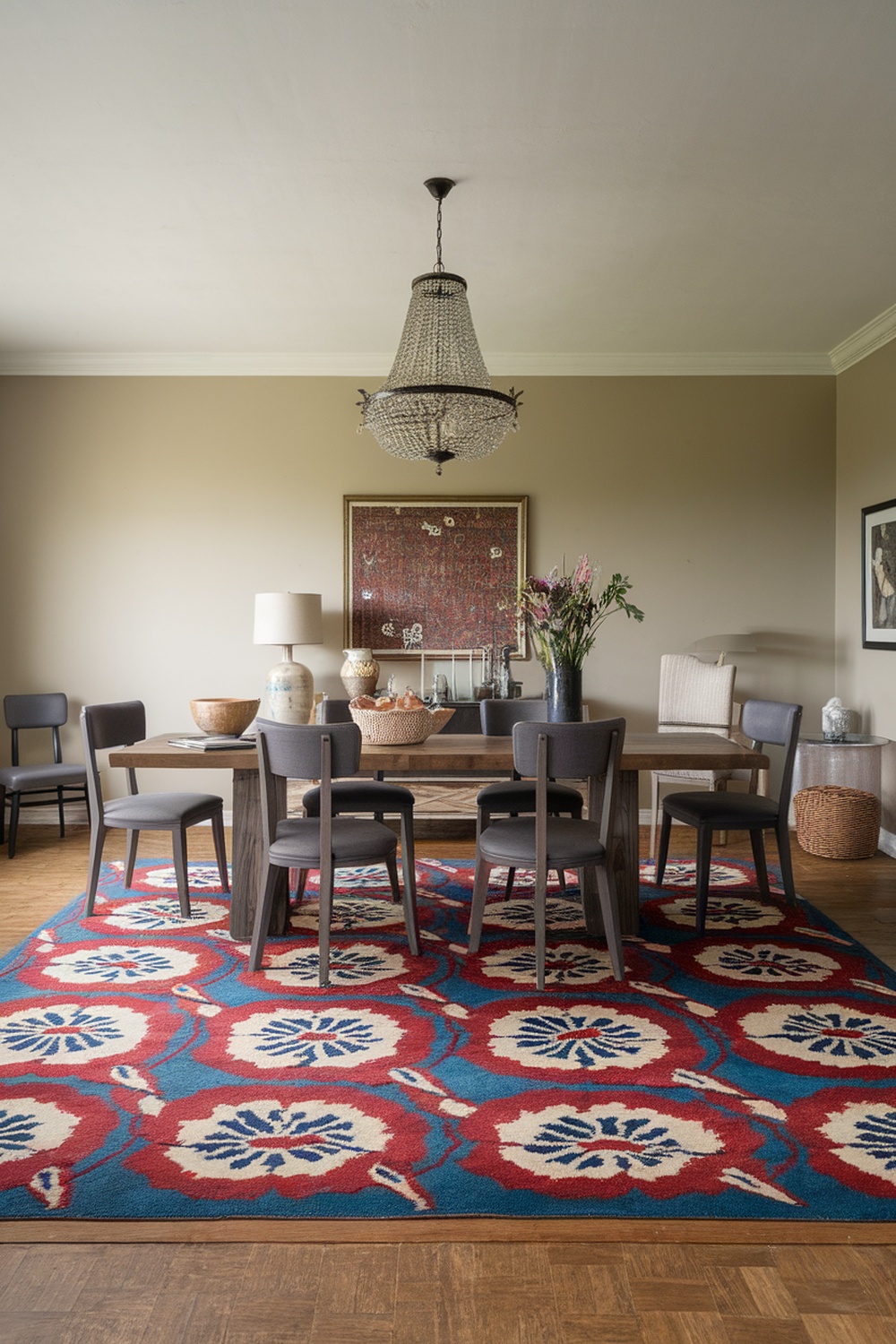 A dining room featuring a colorful statement rug with bold patterns, wooden furniture, and a chandelier.