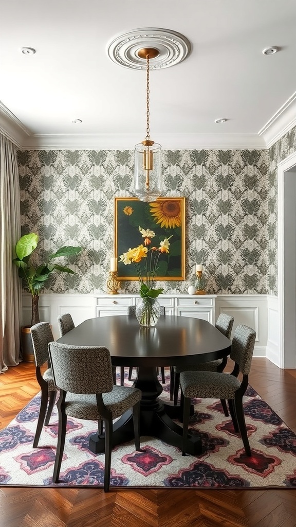 A dining room with bold patterned wallpaper, a round wooden table, and stylish chairs.