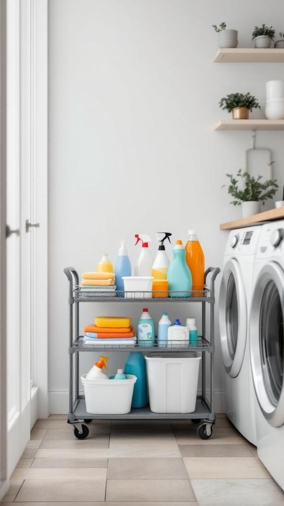 A storage cart on wheels filled with laundry supplies next to a washing machine.