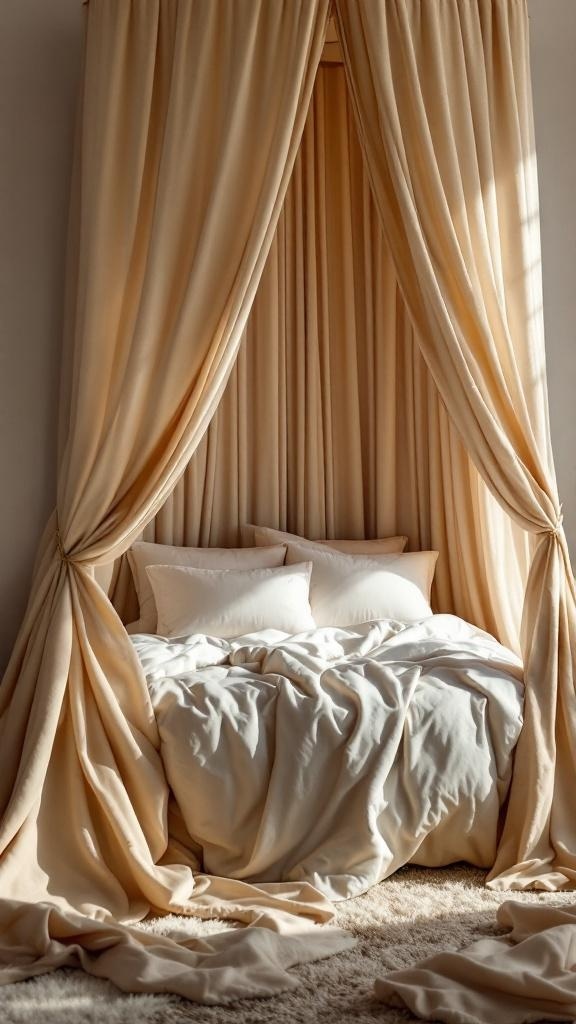 A cozy bedroom featuring a stylish canopy bed with soft drapes and plush bedding.