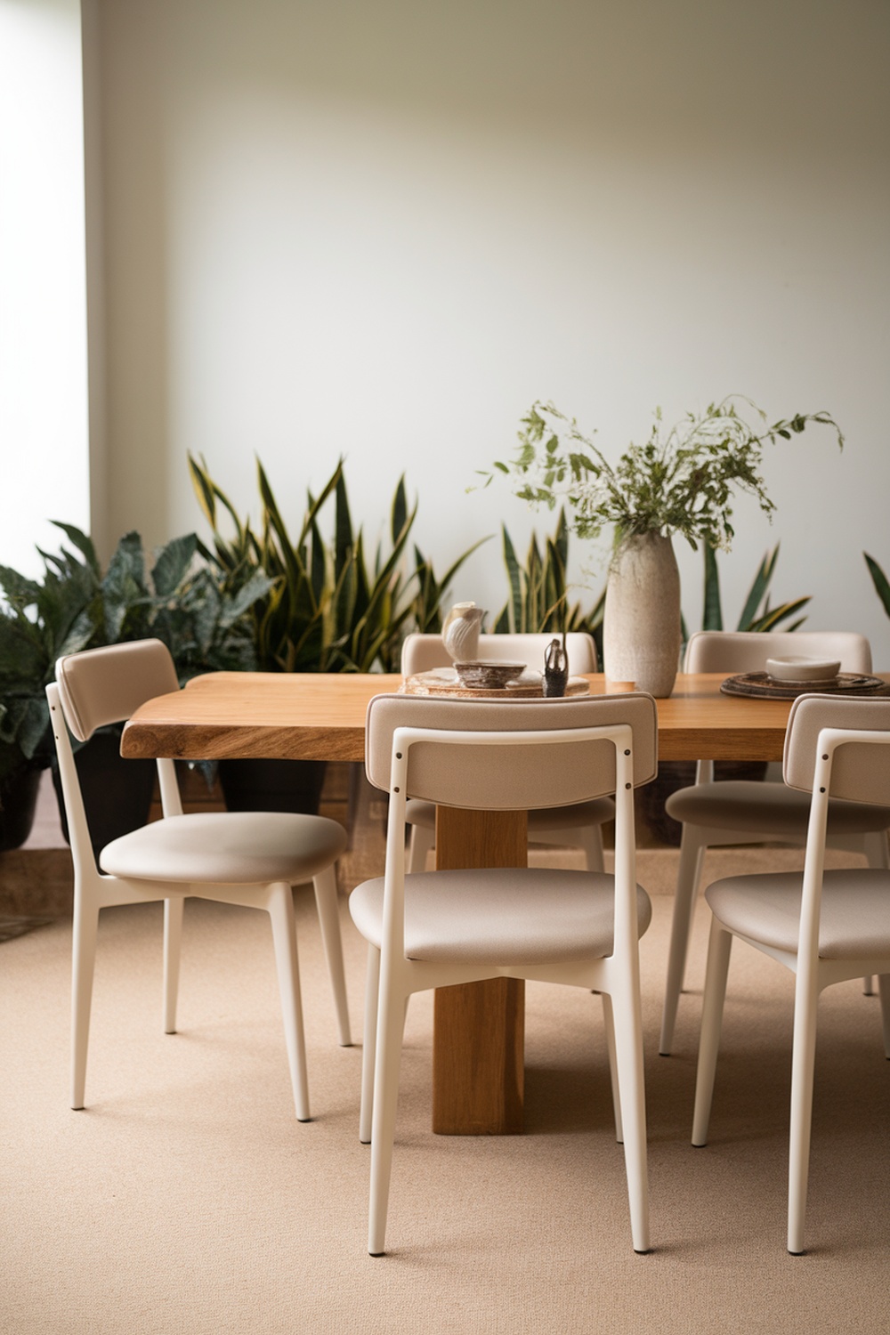 A stylish dining room featuring modern light-colored chairs around a wooden table with greenery in the background.