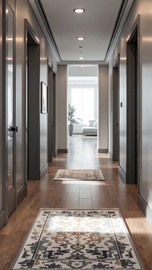 A stylish grey hallway with wooden flooring and patterned area rugs.