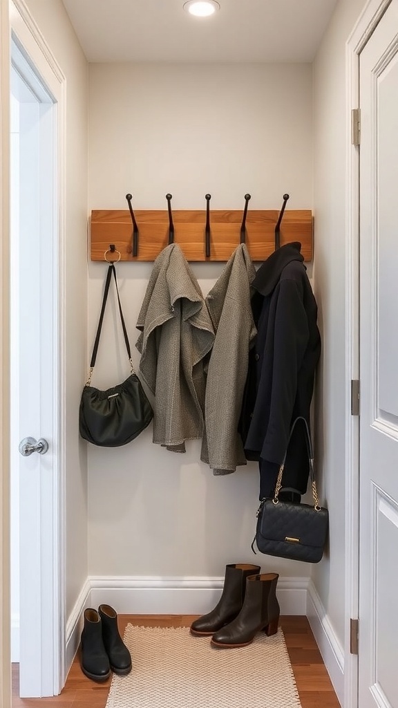 A narrow hallway with stylish hooks and racks for coats and bags.