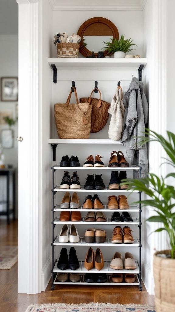 Stylish shoe organization in an apartment entryway with a shoe rack and decorative items.