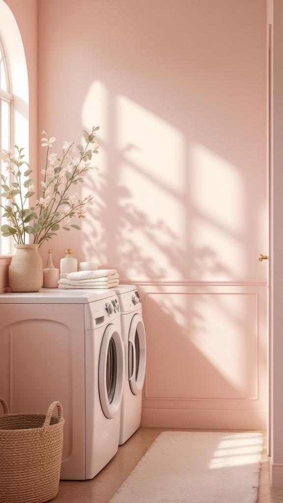 A laundry room painted in subtle blush pink with white appliances and a vase of greenery.
