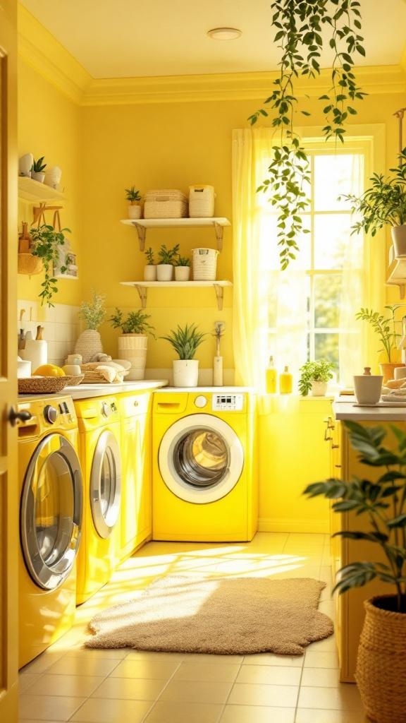 Bright yellow laundry room with matching appliances and plants