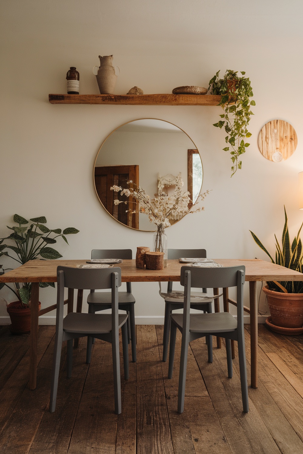 A cozy dining room with a reclaimed wood table, gray chairs, a mirror, and plants.