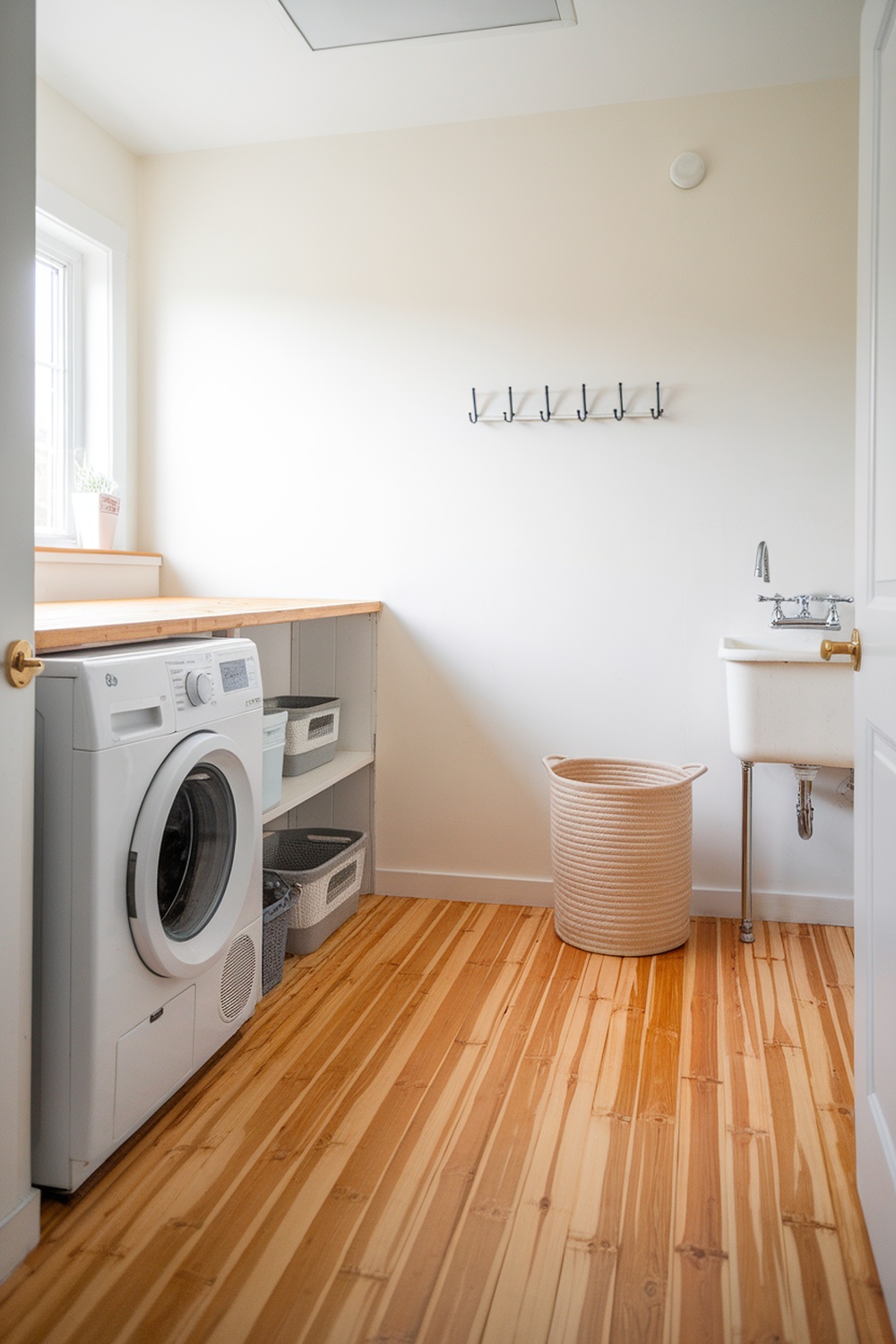 A bright laundry room featuring bamboo flooring, a washing machine, and a utility sink.
