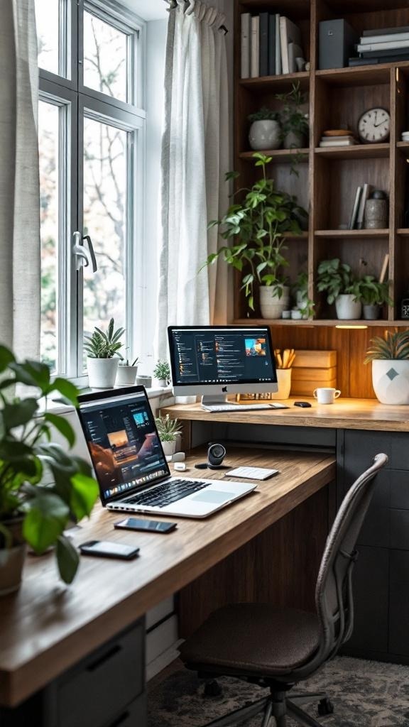 A modern tiny home office with two laptops, a smartphone, plants, and a wooden desk.
