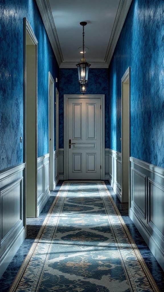A stylish blue hallway with textured wallpaper and elegant lighting.